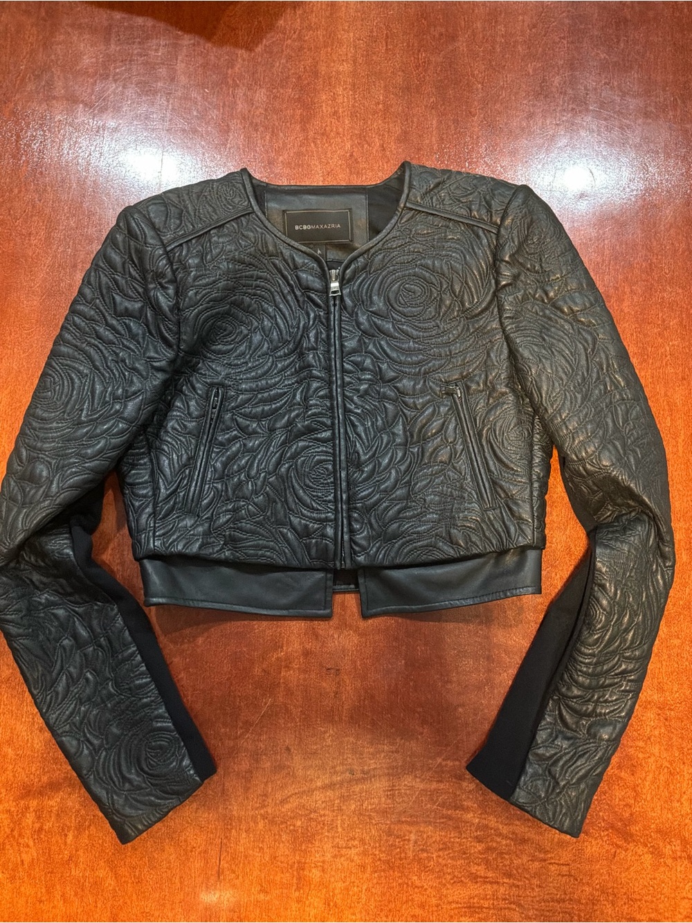 BCBGMaxAzria Duke Black Faux Leather Quilted Floral Pattern Cropped Jacket